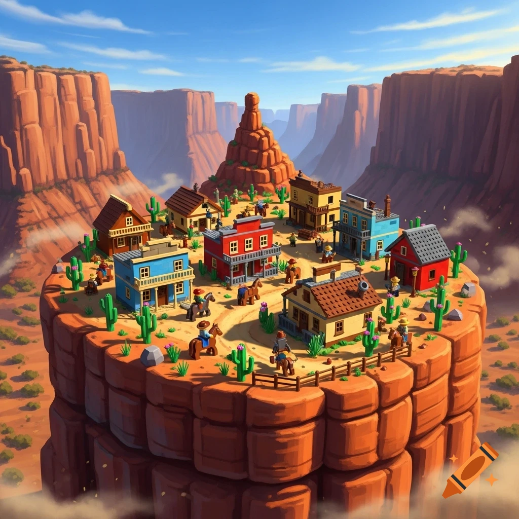 A vibrant Lego-style western town sits atop a large orange butte, surrounded by mesas and canyons under a blue sky.