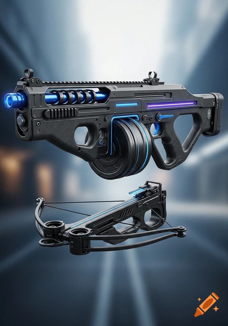 A sleek, futuristic black rifle with glowing blue and purple accents floats above a matching black crossbow with blue lights.