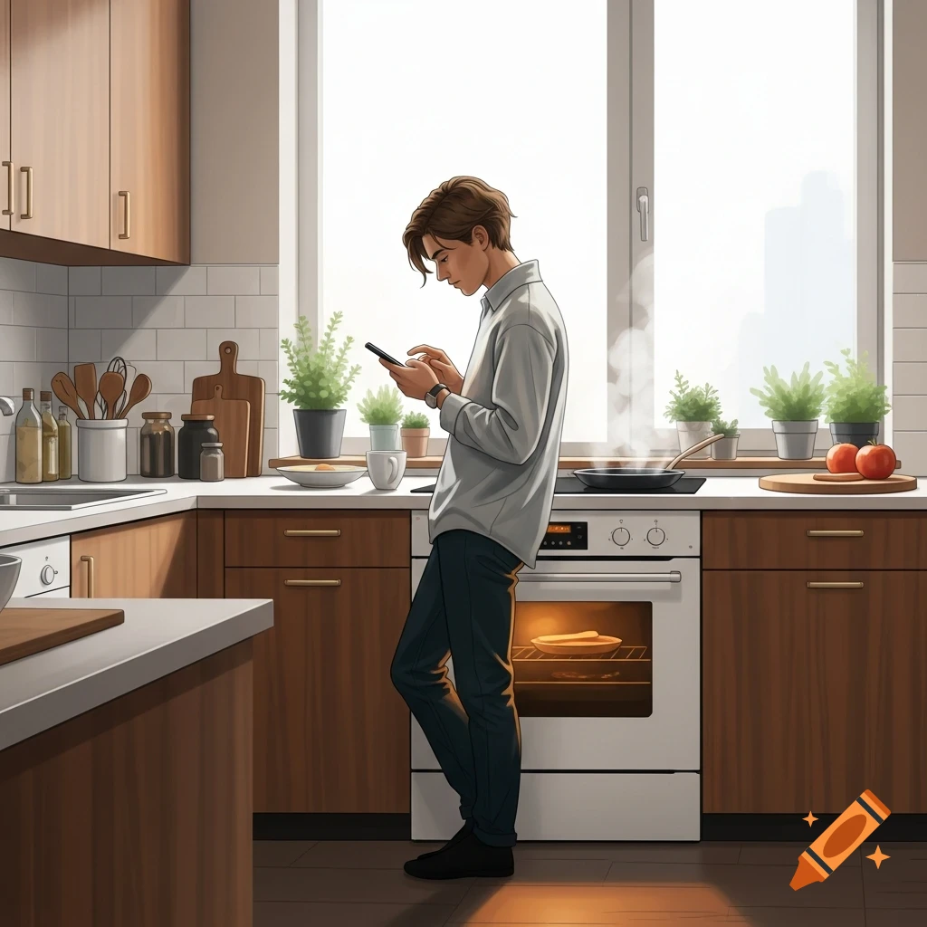 Illustrated young man in a modern kitchen, leaning on the counter and looking at his smartphone while food bakes in the oven.