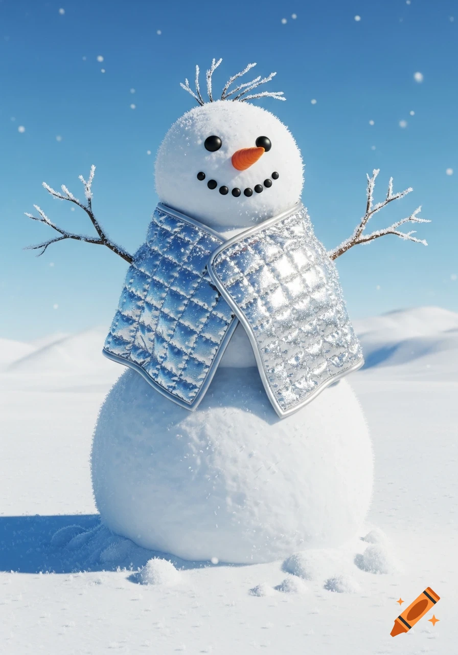 A realistic snowman with a carrot nose and twig arms, wearing a quilted silver-blue blanket, stands in a snowy field under a blue sky.