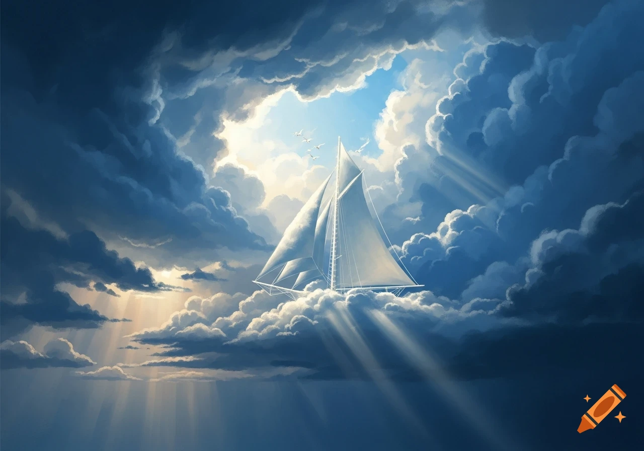 A bright white sailboat, made of clouds, sails through a dramatic blue cloudy sky with sun rays shining through. Painterly art style.