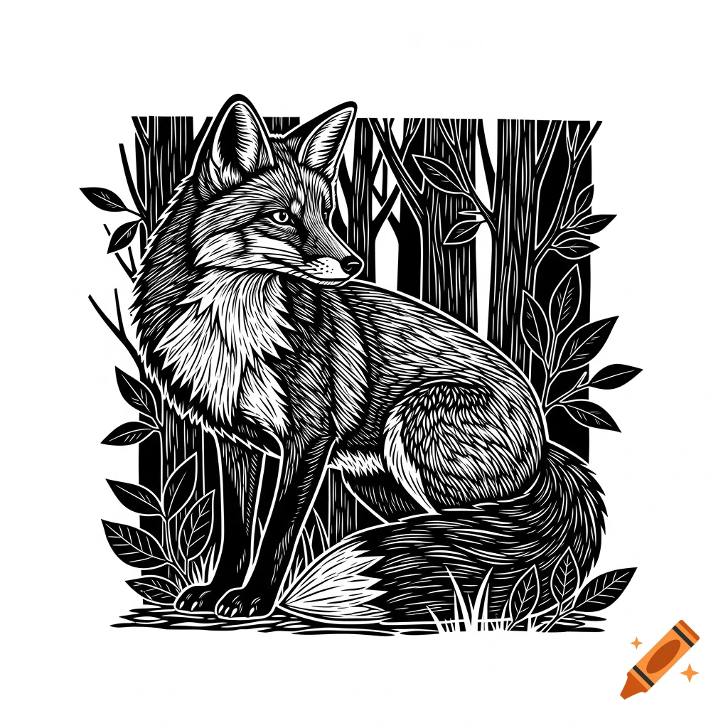 Black and white linocut style illustration of a fox sitting in a forest, looking over its shoulder.