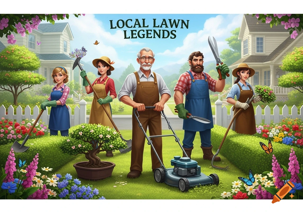 Five cartoon gardeners, including an older man with a lawnmower, in a lush garden with flowers and houses, under text "LOCAL LAWN LEGENDS".