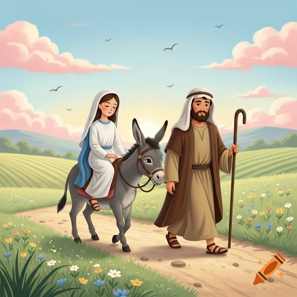 Mary rides a donkey, with Joseph walking beside her with a staff, on a path through a green field under a pastel sky, in a child-friendly illustration.