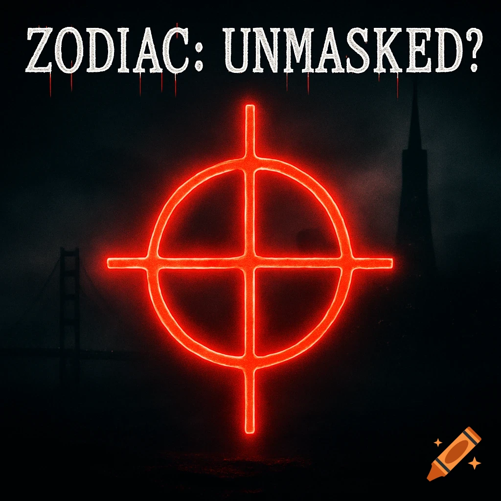 A blood-red neon Zodiac killer symbol glows against a dark, foggy San Francisco skyline. Text reads "ZODIAC: UNMASKED?"