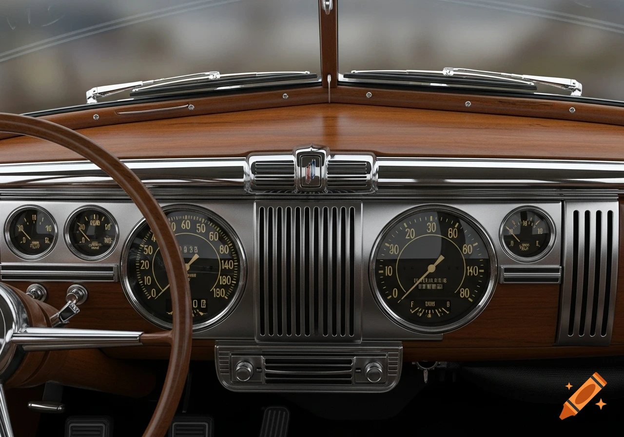 Close-up of a vintage car dashboard with wooden trim, chrome details, and classic round gauges.