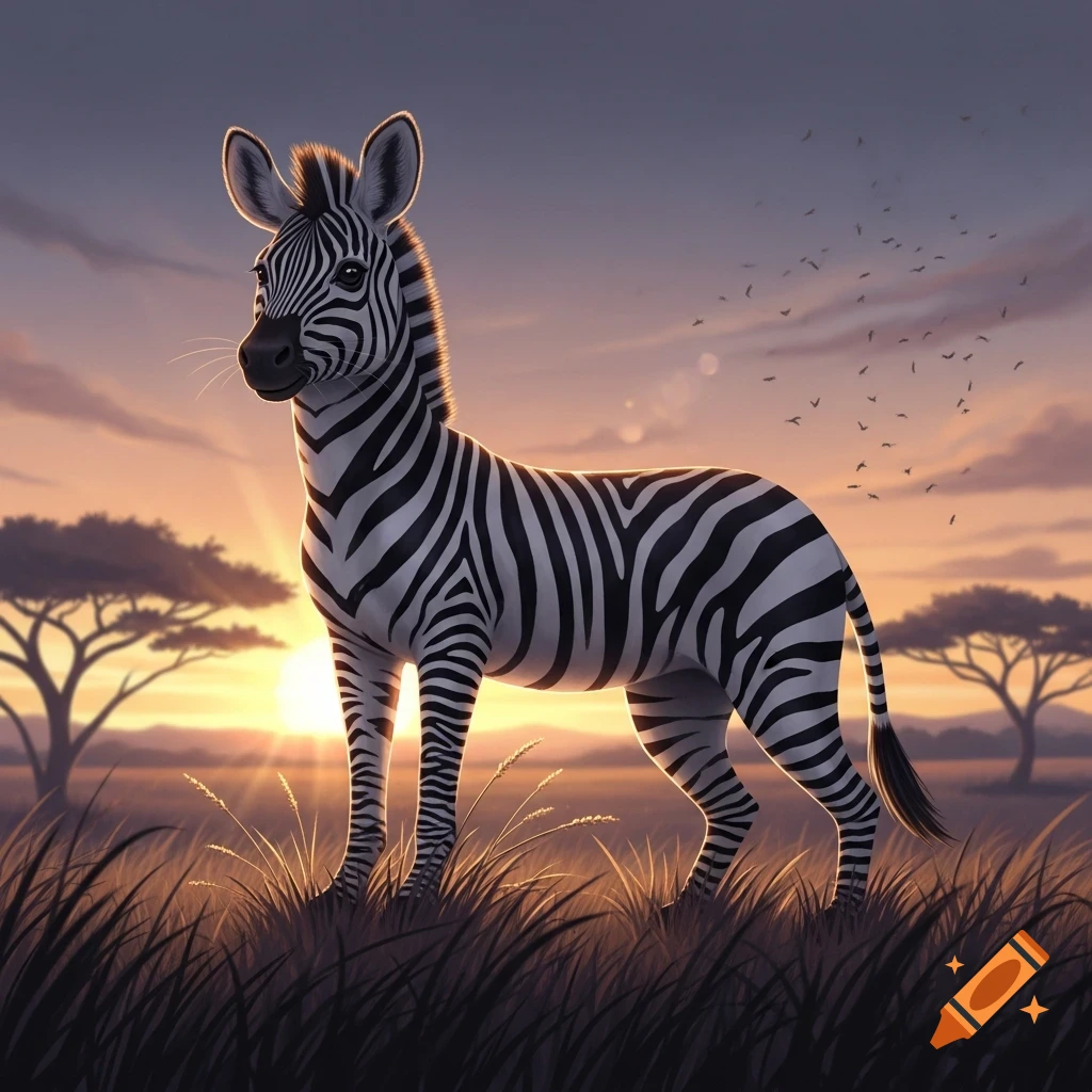 A stylized zebra stands in a grassy savanna at sunset, with silhouetted acacia trees and birds in the distance.