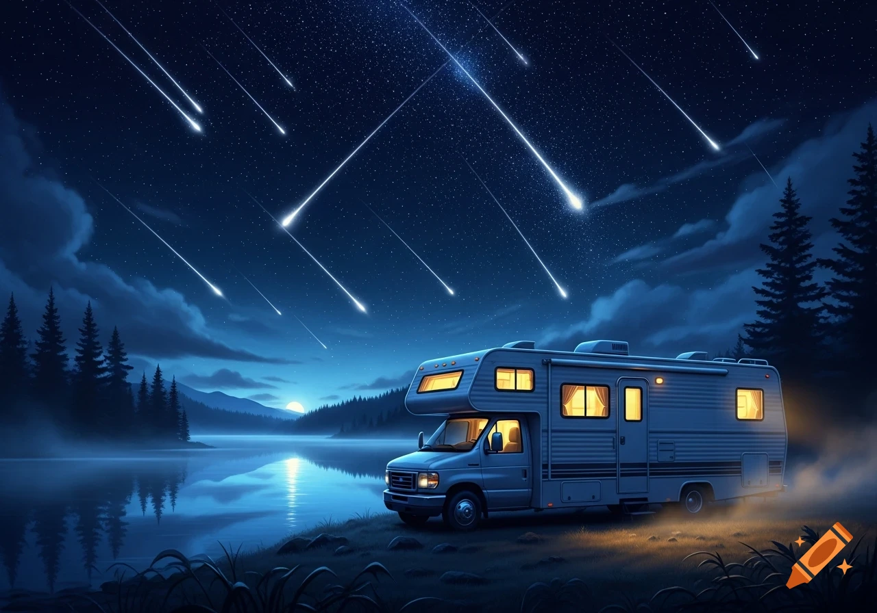 An RV is parked by a reflective lake under a vibrant meteor shower and starry night sky, with a moonlit forest.