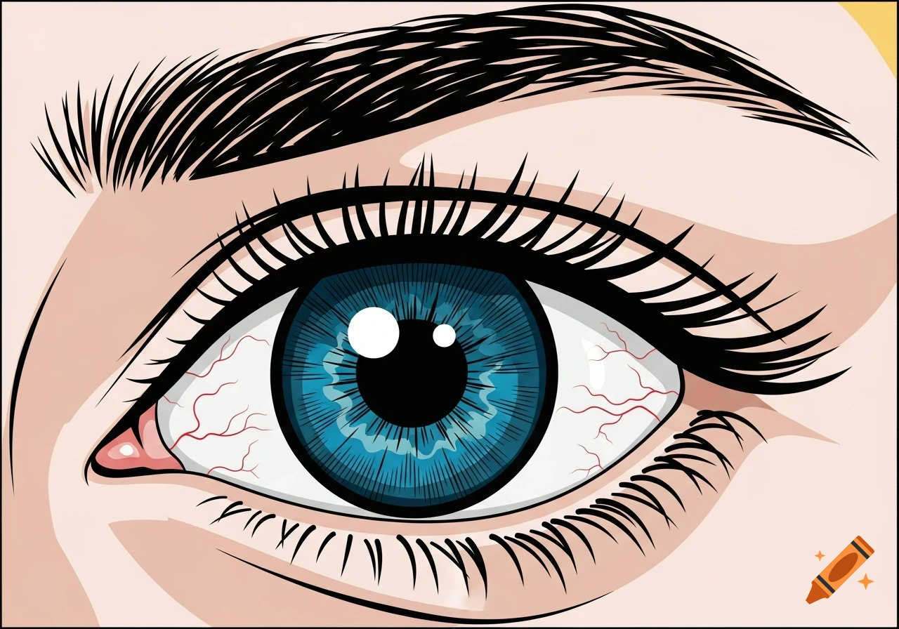 A stylized close-up illustration of a human eye with a blue iris, a black pupil, and visible red blood vessels in the white sclera.