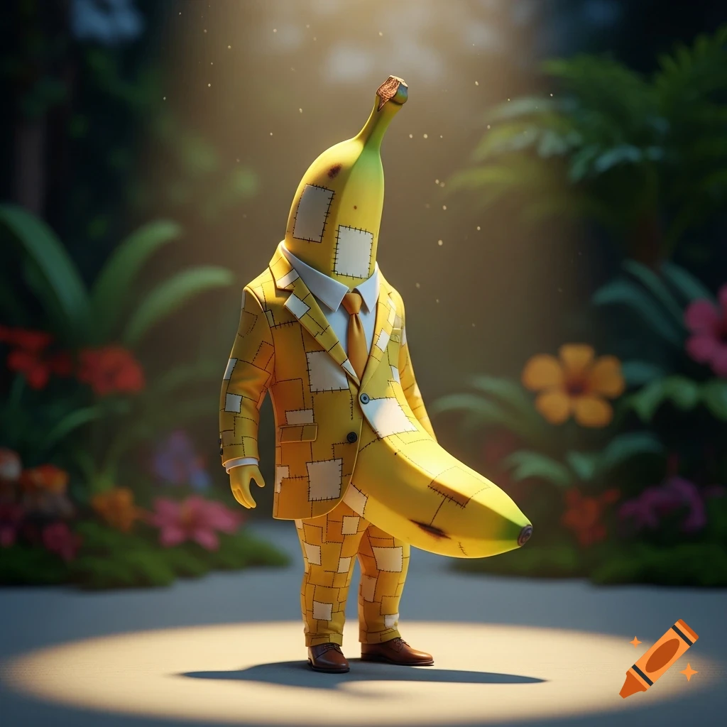 An anthropomorphic banana in a patchwork banana suit stands in a spotlight, holding a large banana in a jungle setting.
