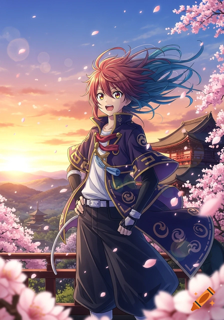 Anime style young man with red and blue hair smiling, standing among pink cherry blossoms with a Japanese temple and mountains at sunset.