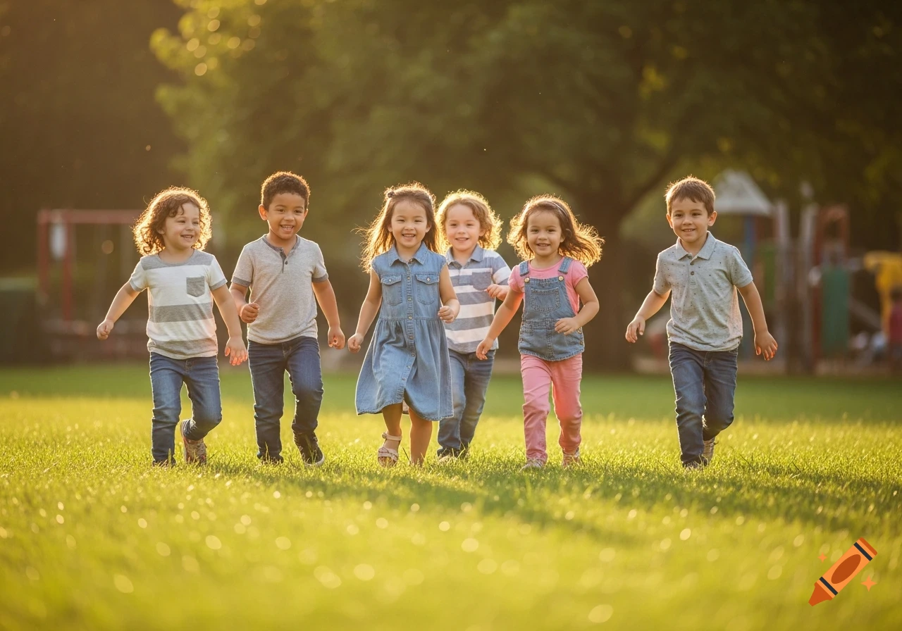 Six diverse young children smiling and running through a sunlit grassy park.