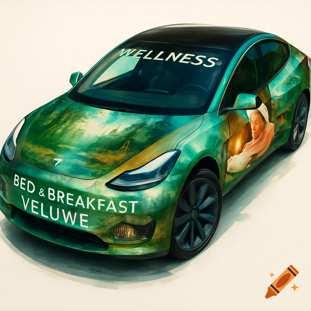 A green Tesla car wrapped in an advertisement for a wellness B&B, featuring a forest-like design and a classical figure.