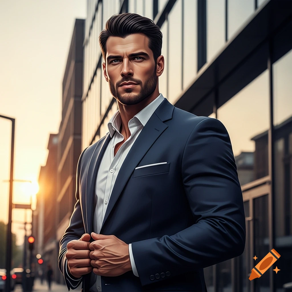 Photorealistic portrait of a handsome man in a dark suit and white shirt, standing in an urban setting at sunset.