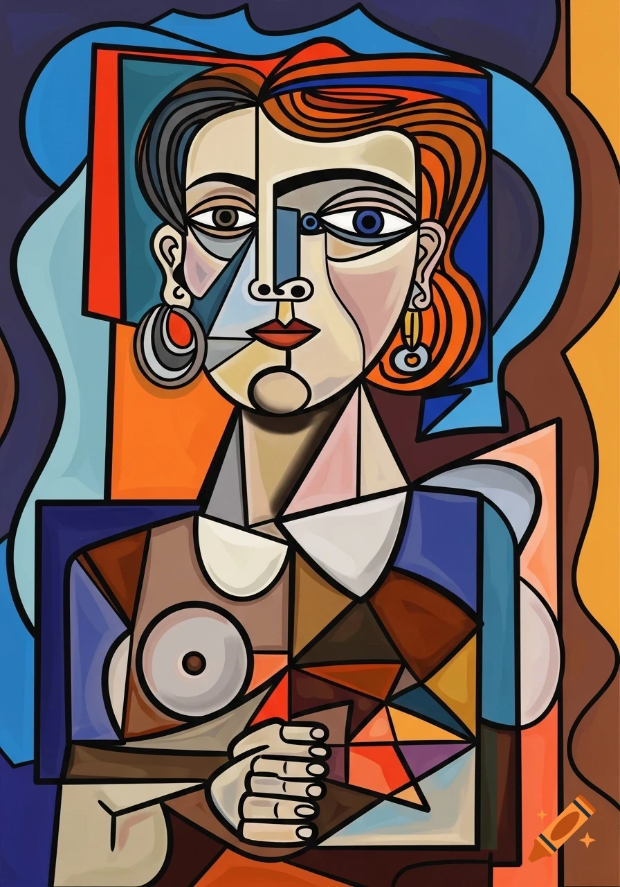 Cubist portrait of a woman with red hair, composed of geometric shapes and bold colors, in the style of Picasso.