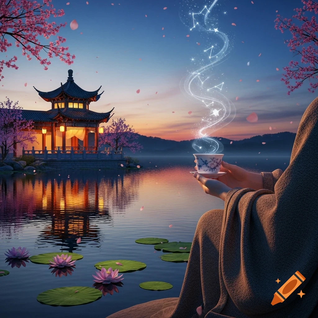 Dreamlike scene of a figure holding a teacup with glowing constellations rising from it, by a lake with a Chinese pavilion, cherry blossoms, and lotus flowers at dusk.