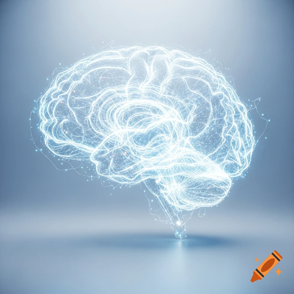 A glowing, abstract digital representation of a human brain made of interconnected lines and dots on a light blue-gray background.