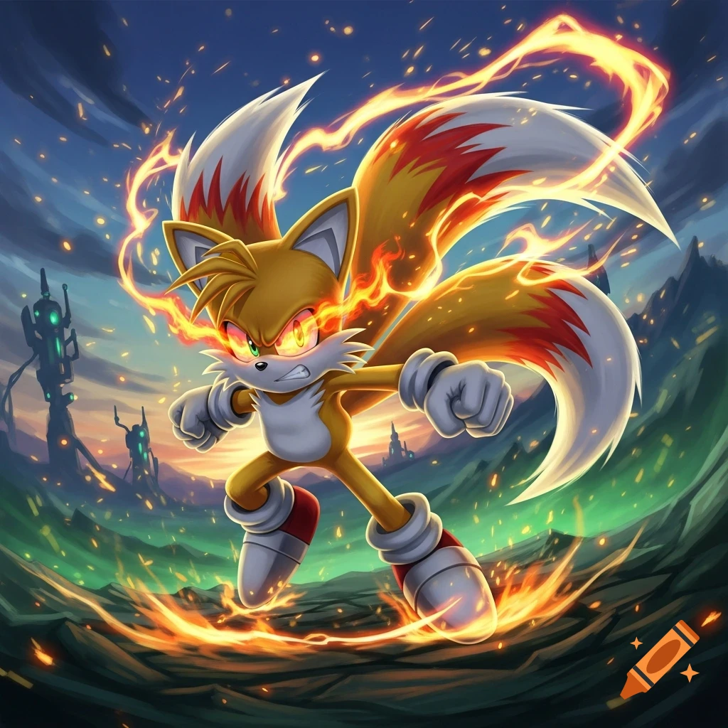 Angry Tails from Sonic the Hedgehog, surrounded by glowing fire and energy, in a dynamic anime art style.