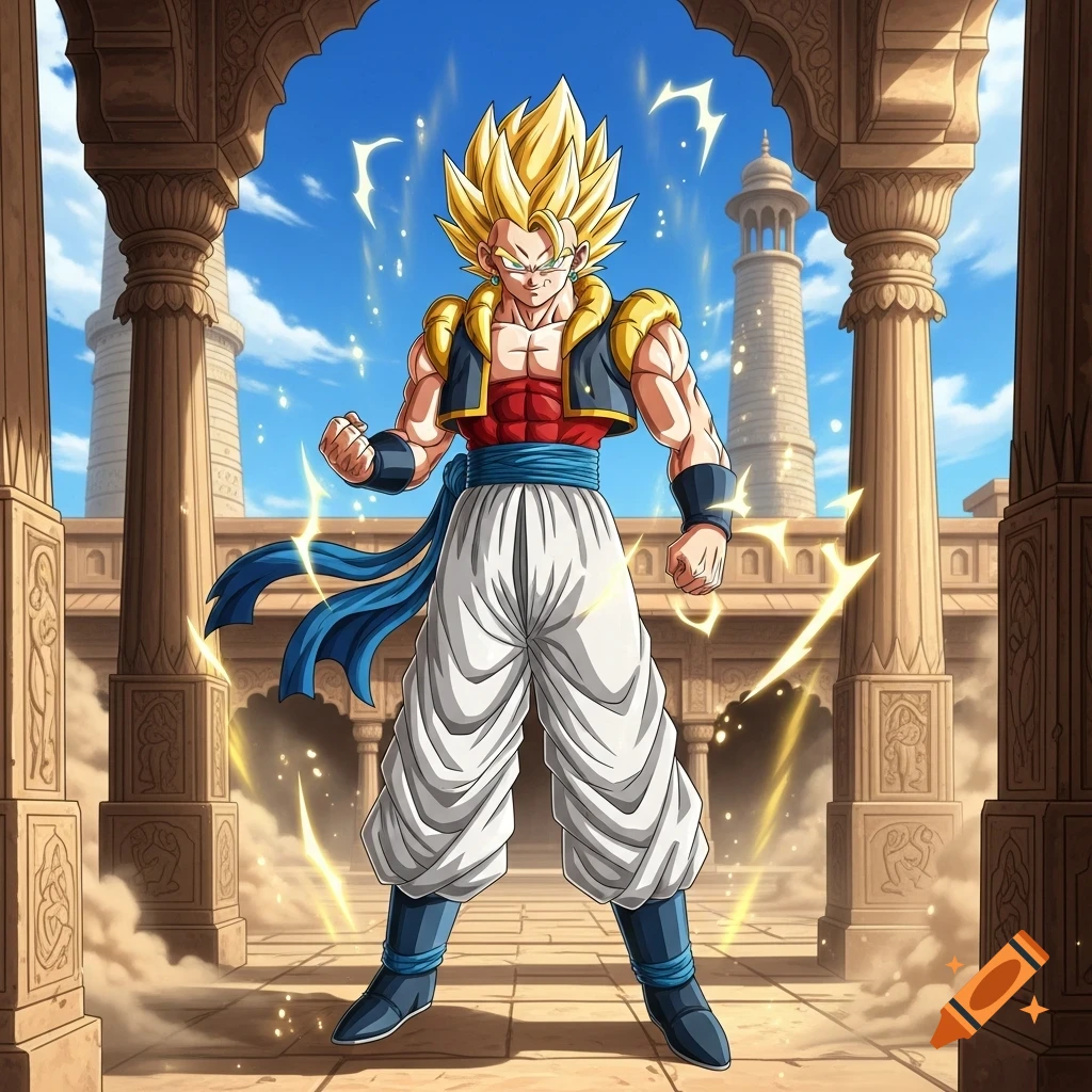 Anime style drawing of Super Saiyan Gogeta in an ornate Indian temple, surrounded by a golden aura.