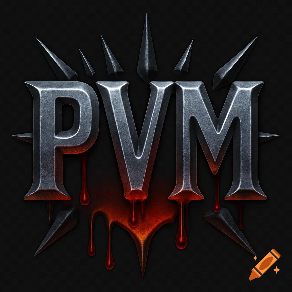Stylized 'PVM' text made of dark steel with blood-like drips, glowing orange-red at the bottom, surrounded by sharp spikes.