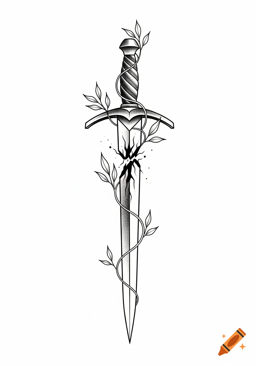 Minimalist blackwork tattoo design of a vertically oriented broken sword with organic vines wrapping around it.