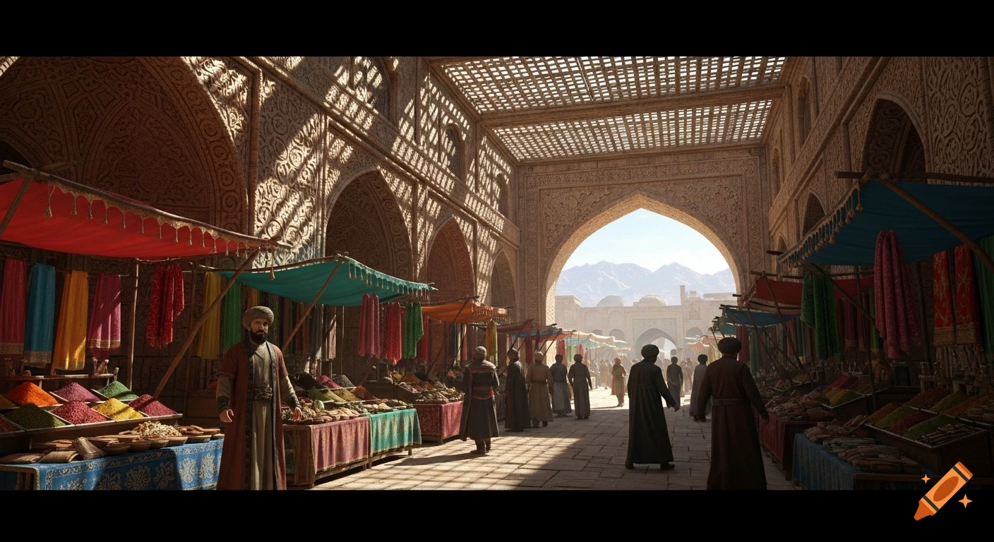 A bustling ancient marketplace with people, colorful stalls, intricate architecture, and sunlight filtering through a roof.