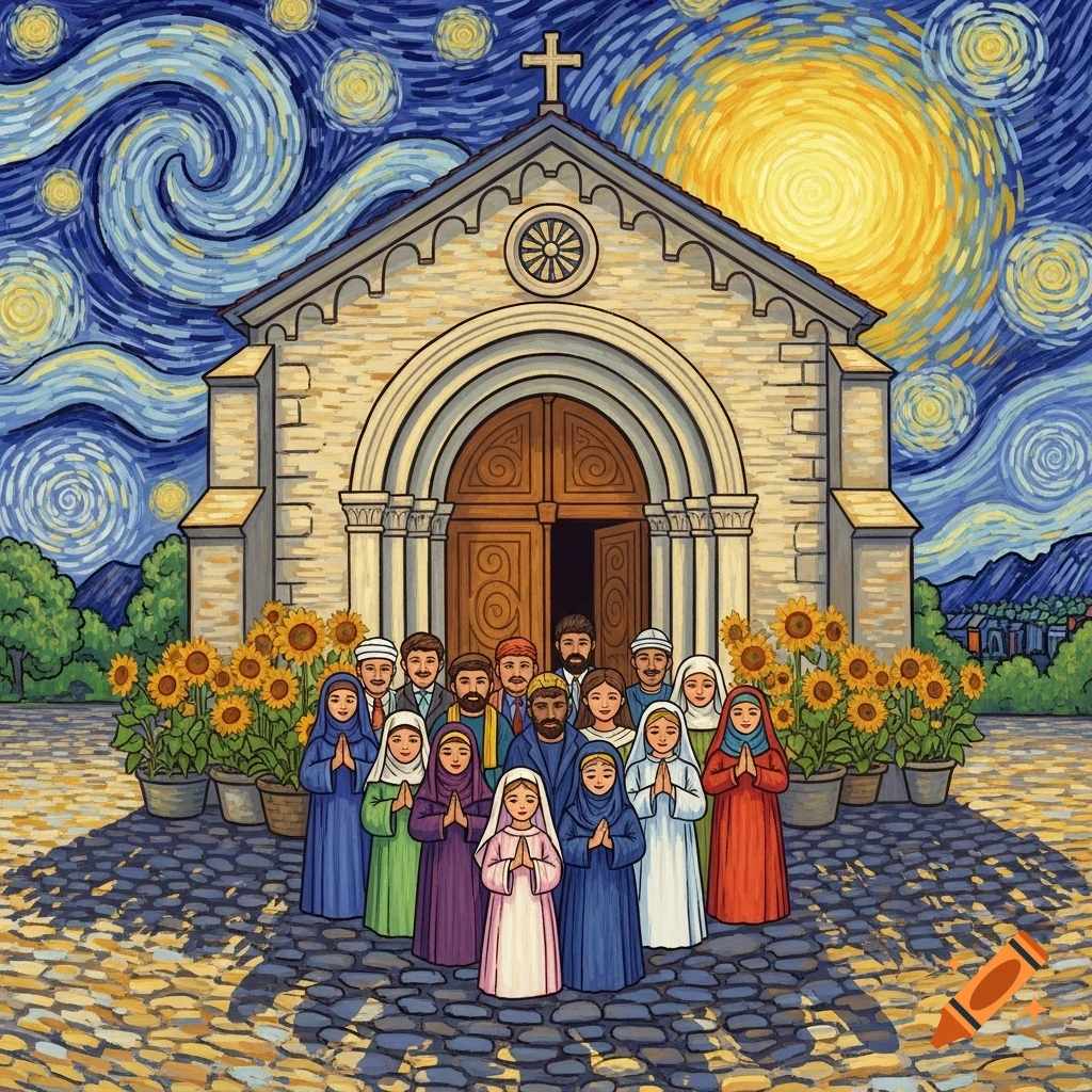 A diverse group of people, some praying, in front of a stone church with sunflowers, in a vibrant Van Gogh 'Starry Night' painting style.