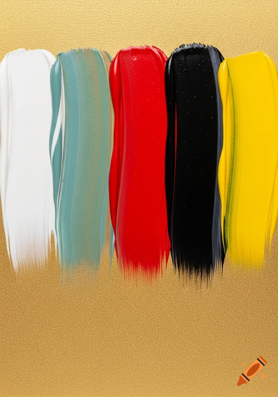 Five vertical paint strokes in white, teal, red, black, and yellow on a textured gold background.