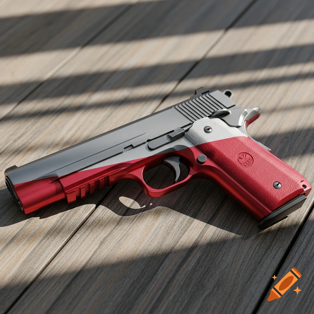 A photorealistic handgun with the red and white Polish flag design on its grip and slide, resting on a wooden surface.