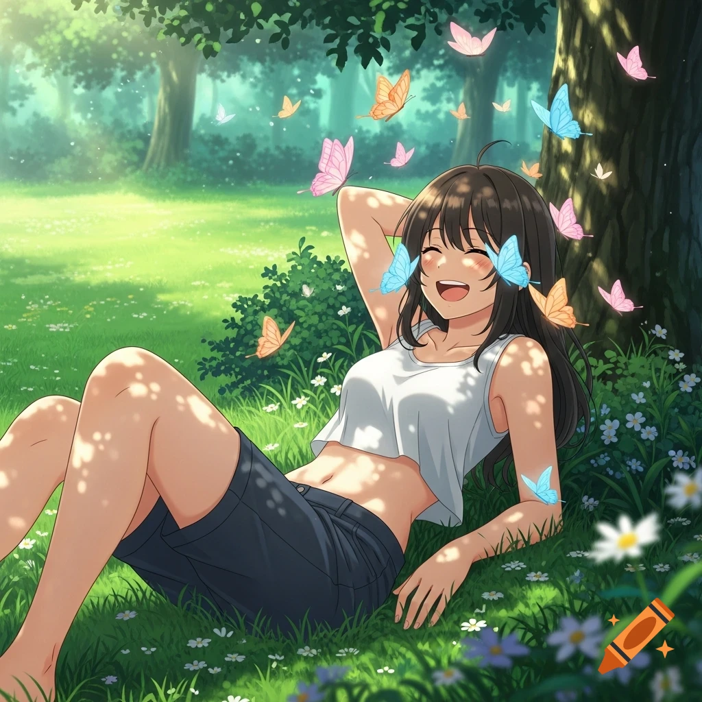 Anime girl in a meadow, lying under a tree, laughing as colorful butterflies flutter around her.