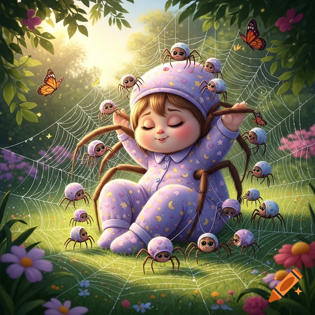 Whimsical illustration of a child in purple spider pajamas with spider legs, surrounded by baby spiders on webs in a sunny garden.