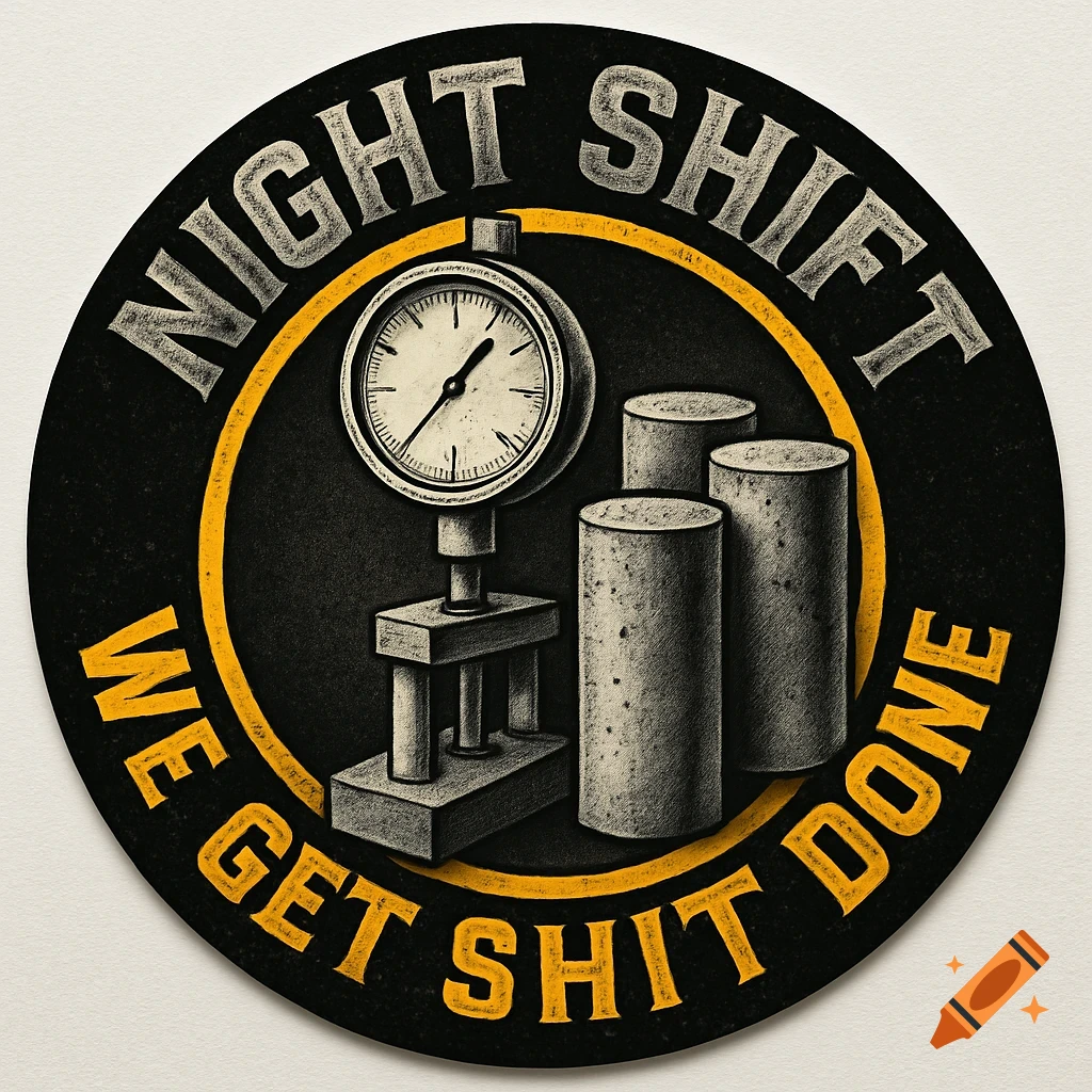 A round black sticker with "NIGHT SHIFT WE GET SHIT DONE" text, showing a pressure gauge and concrete test cylinders in an illustrated style.