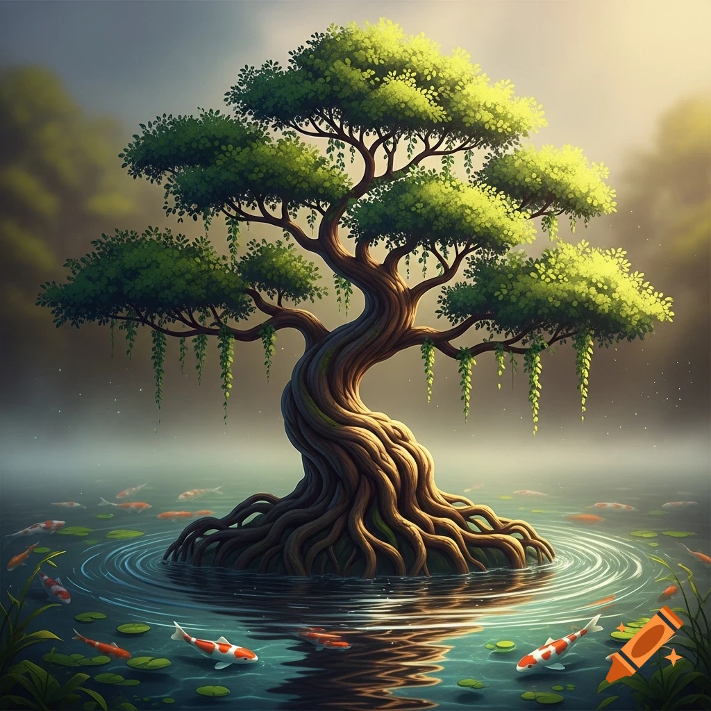 Stylized tree with a twisted trunk and exposed roots in a misty pond, surrounded by swimming orange and white koi fish.