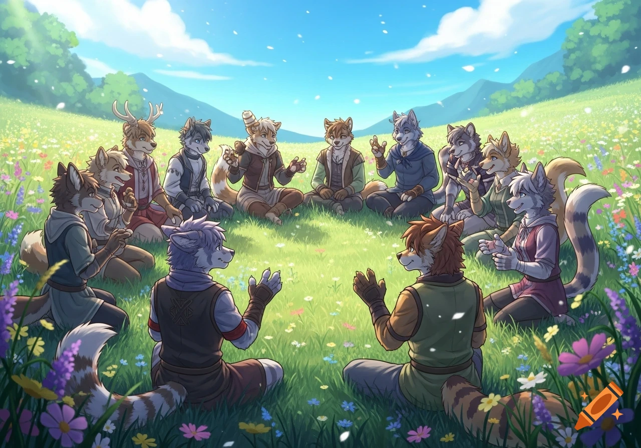 Diverse anthropomorphic animal characters sit in a circle on a vibrant, flower-filled meadow under a blue sky, engaged in conversation.