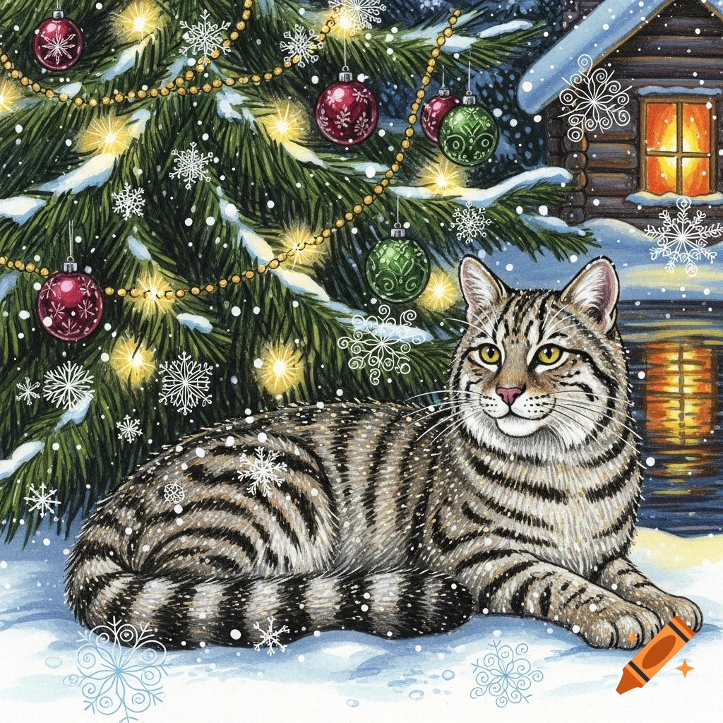 Hand-drawn illustration of a tabby cat lying in snow under a decorated Christmas tree, with a snowy log cabin in the background.