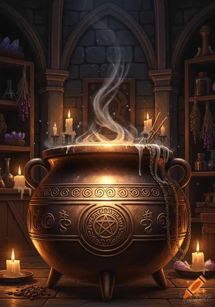 A large, ornate bronze cauldron steaming in a dimly lit, candlelit room with shelves of mystical ingredients and archaic architecture.