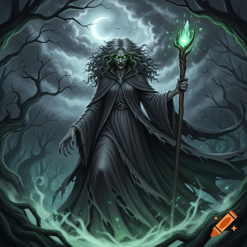 A terrifying witch with curly grey hair and glowing green eyes holds a glowing staff in a dark, gnarled forest under a crescent moon.