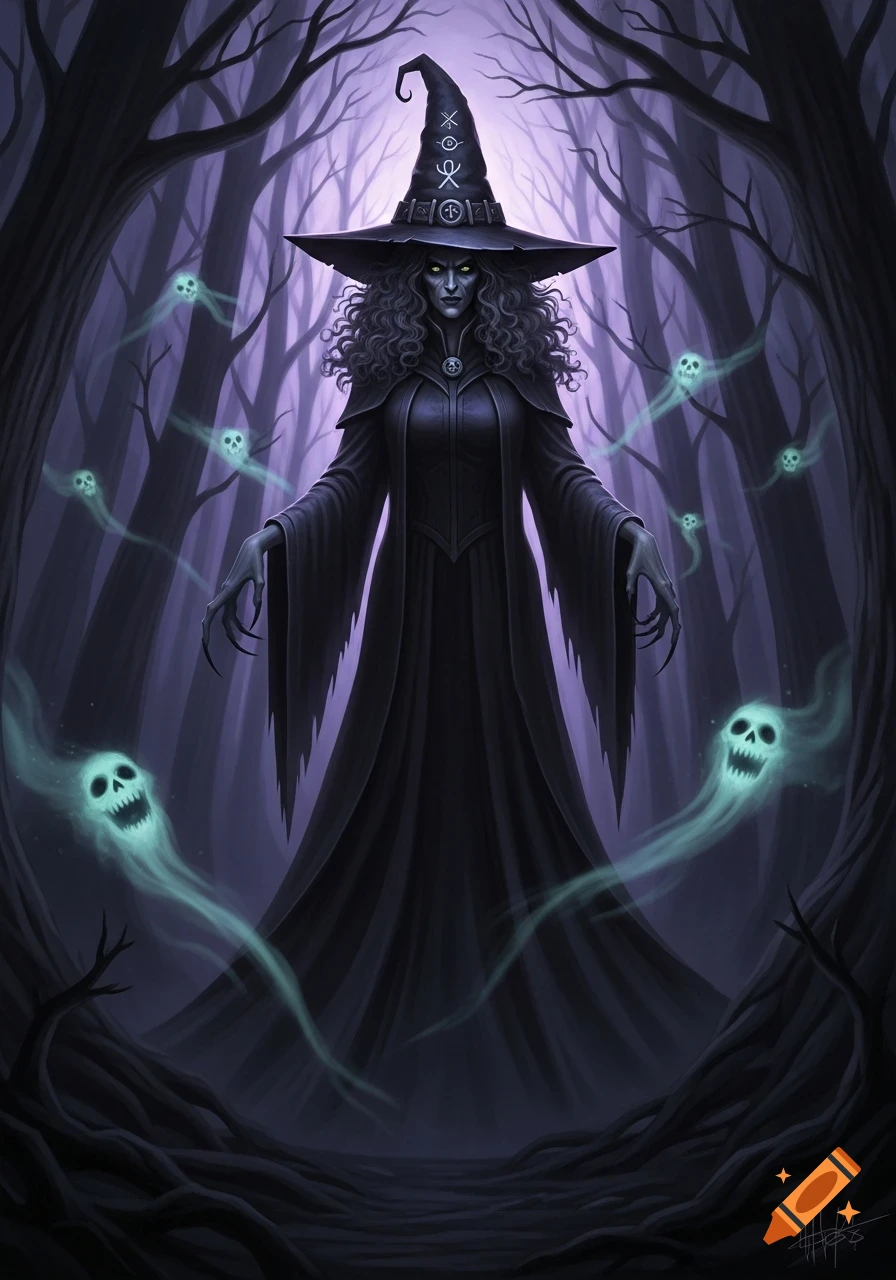 A tall, dark witch with curly hair and a pointy hat stands in a spooky forest, surrounded by glowing green skull-like ghosts.