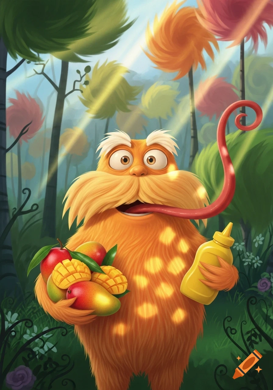 The Lorax with wide eyes and a long tongue holds mangoes and a mustard bottle in a whimsical forest.