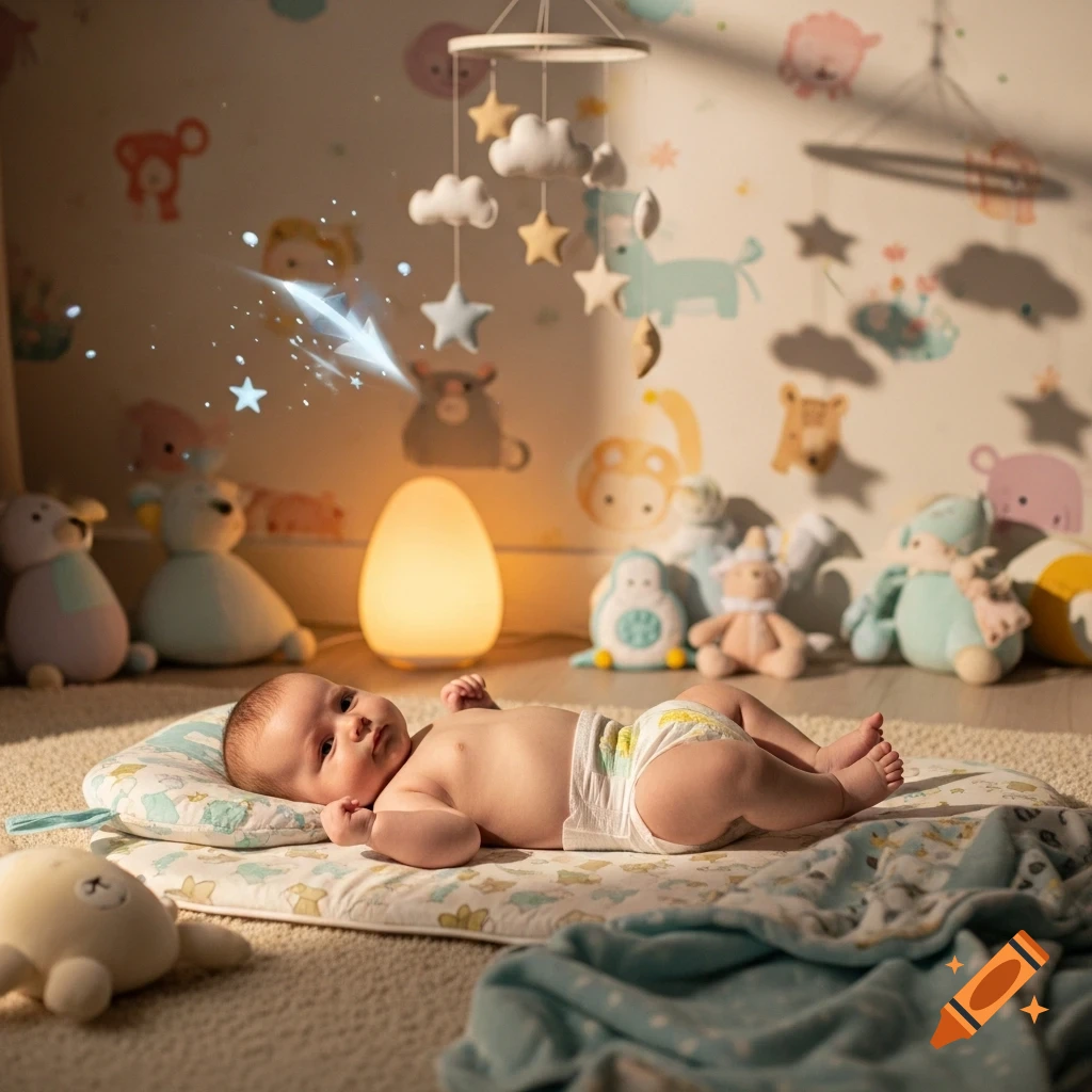 A baby in a diaper lies on a mat in a softly lit nursery, surrounded by toys and wall decals.