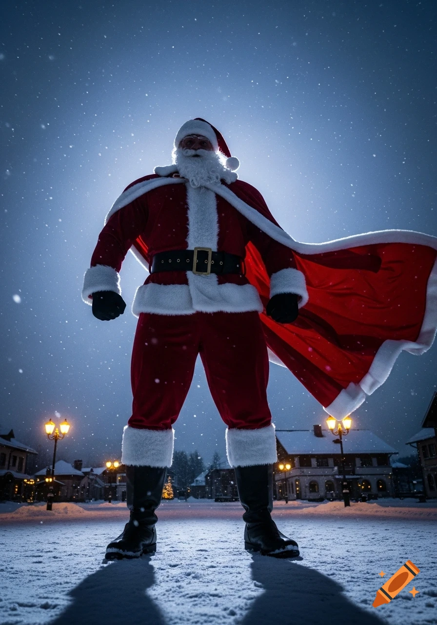 Photorealistic Santa Claus in a powerful stance, red cape flowing, in a snowy village square at night with glowing streetlights.