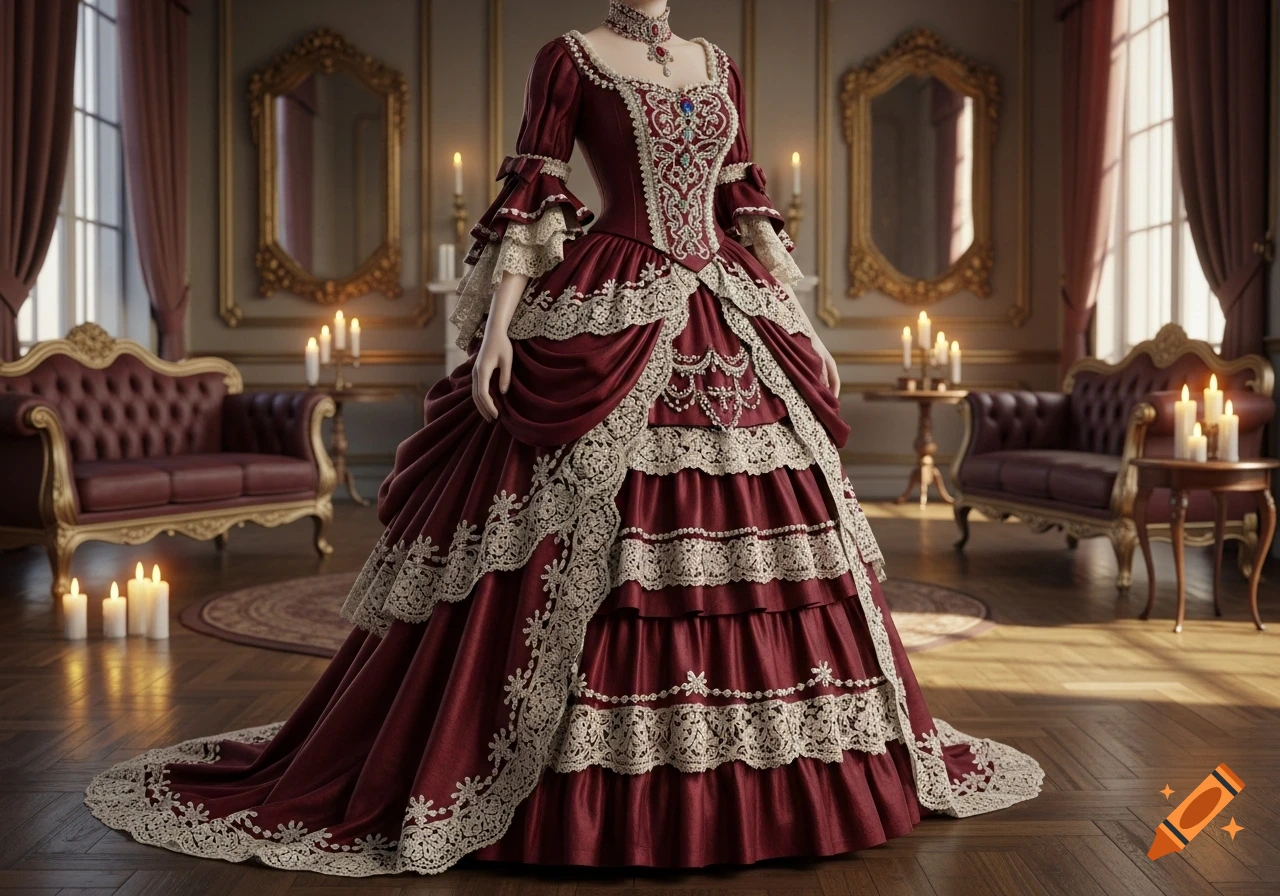 A detailed maroon Victorian gown with white lace trim displayed in an opulent room with gilded mirrors and period furniture.