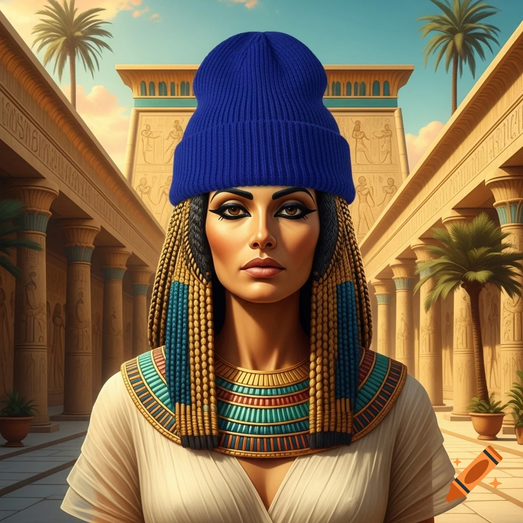 A woman resembling Cleopatra wearing a blue beanie and traditional Egyptian attire, standing in an ancient Egyptian temple.