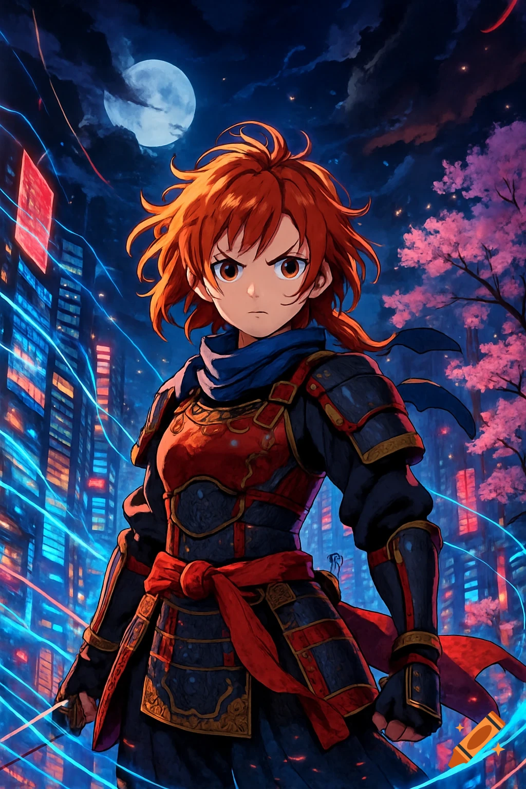 Anime-style red-haired girl in samurai armor stands in a neon-lit cyberpunk city at night with cherry blossoms.