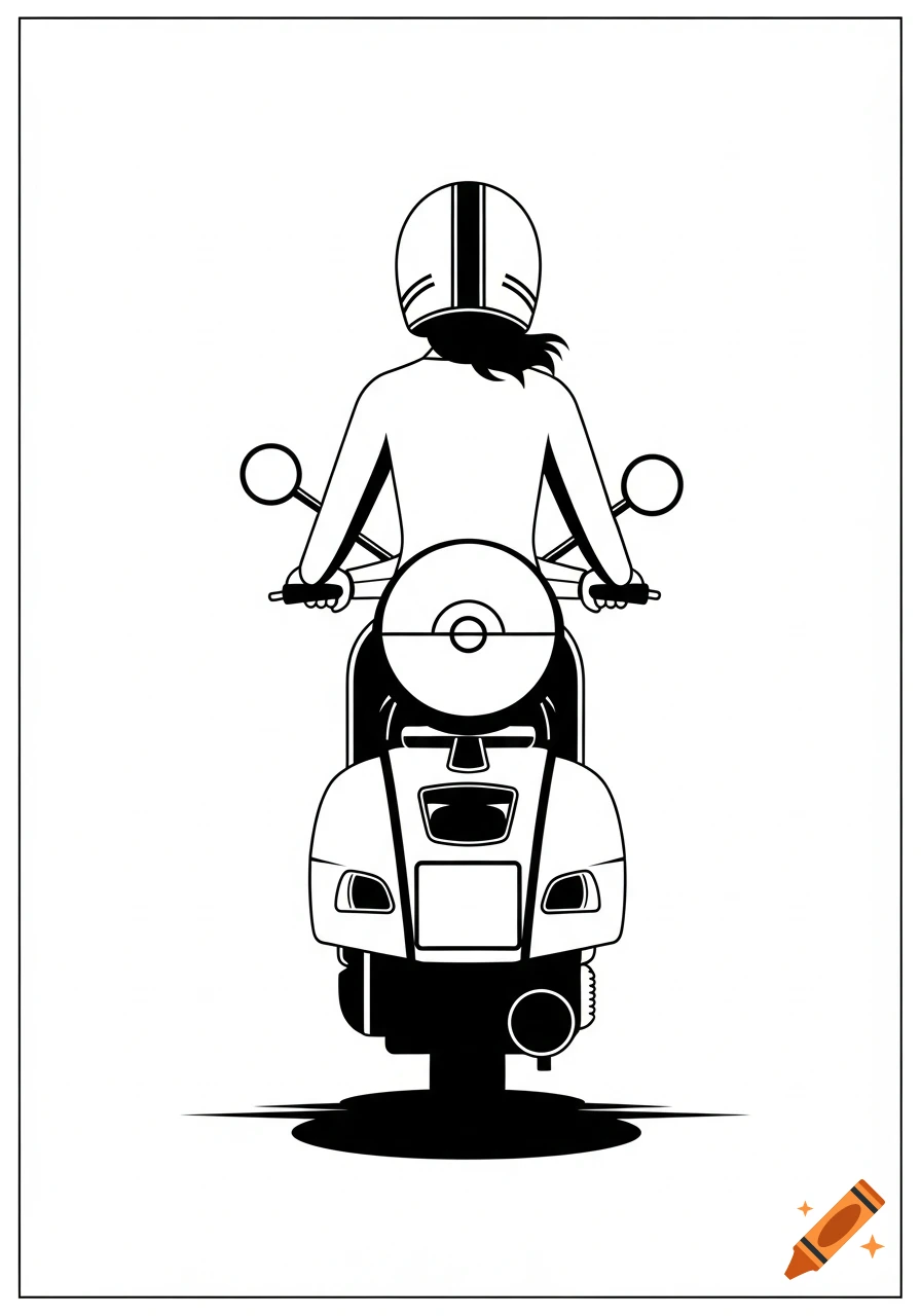 Black and white illustration of a woman riding a scooter from behind.