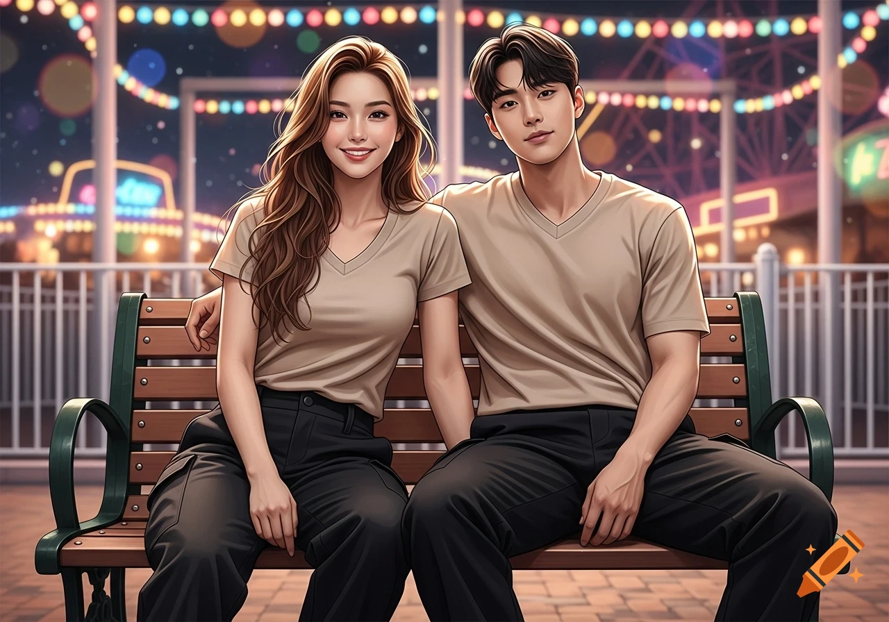 An anime couple, a woman with long wavy hair and a man, sit on a bench at a brightly lit amusement park at night.