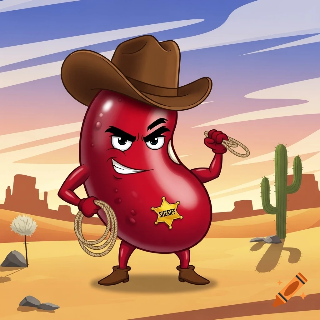 A cartoon red kidney bean dressed as a sheriff cowboy, wearing a hat and badge, holding a lasso in a desert.