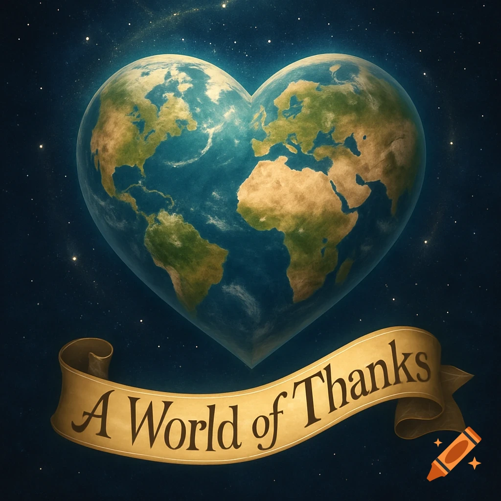 Heart-shaped Earth in space with a banner saying "A World of Thanks".