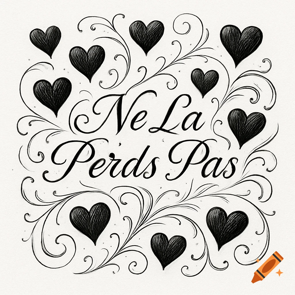 Black calligraphic text 'Ne La Perds Pas' with hearts and swirling vines on white.