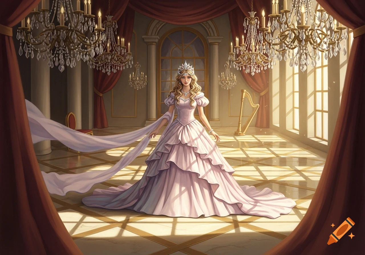 A blonde princess in a pink tiered gown and tiara stands in a grand palace ballroom with chandeliers and a golden harp, illuminated by sunlight.